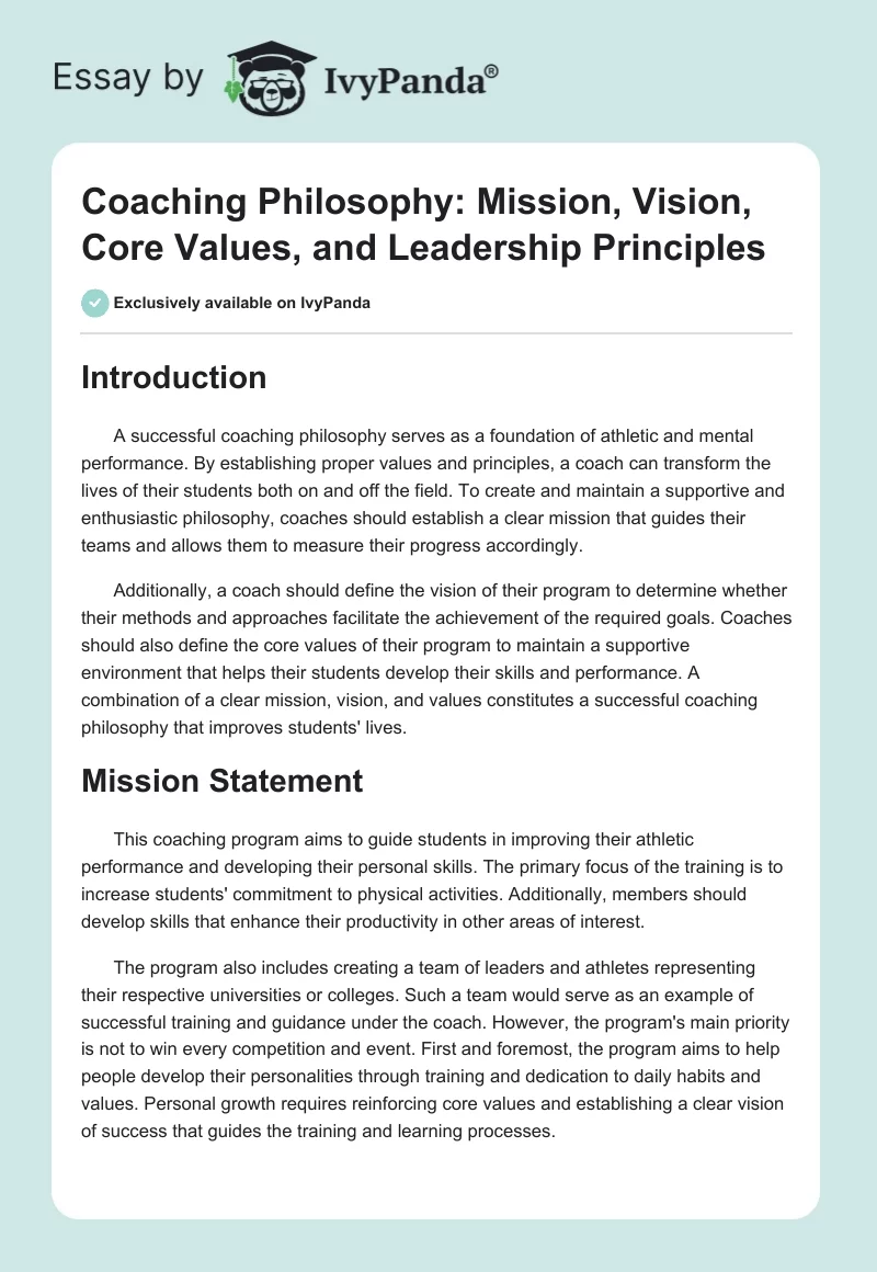 Coaching Philosophy: Mission, Vision, Core Values, and Leadership Principles. Page 1