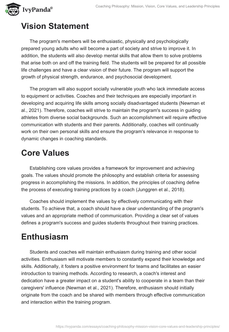 Coaching Philosophy: Mission, Vision, Core Values, and Leadership Principles. Page 2