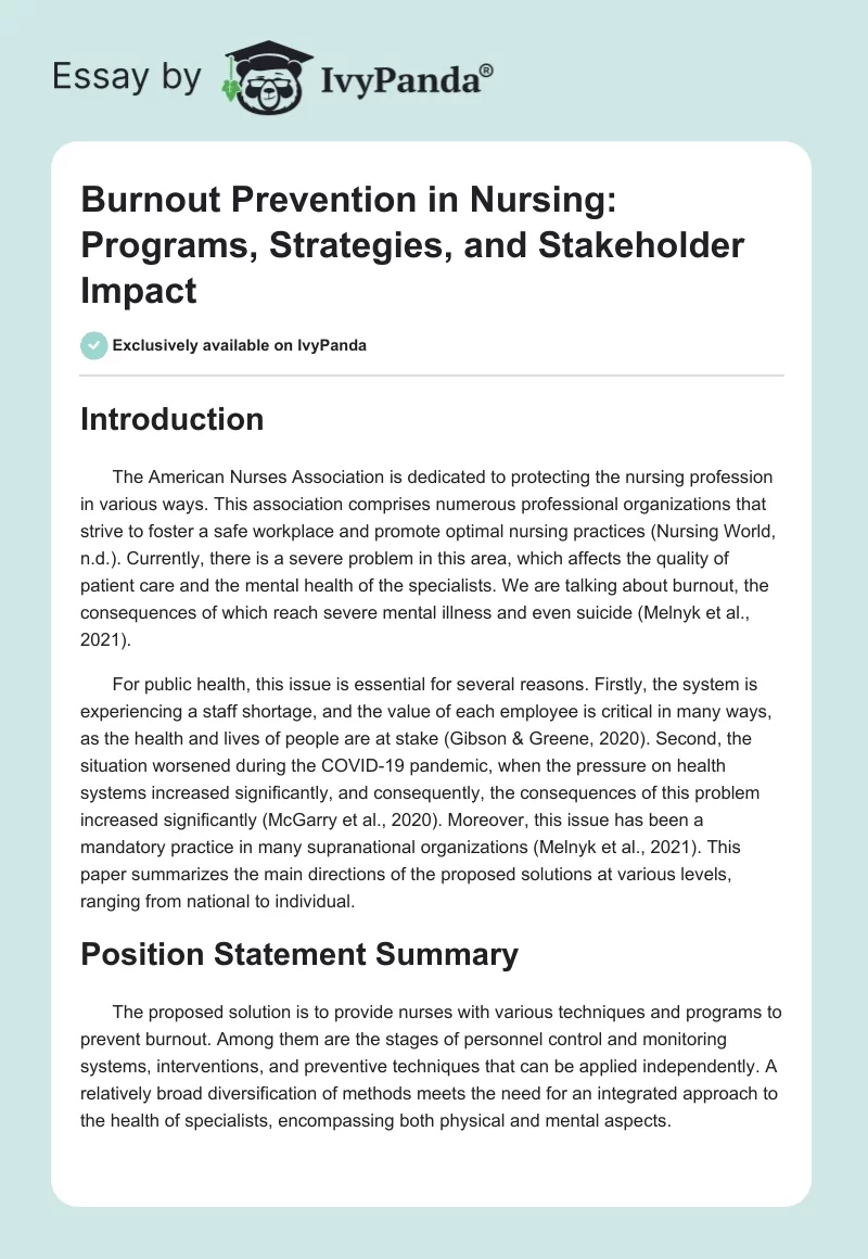 Burnout Prevention in Nursing: Programs, Strategies, and Stakeholder Impact. Page 1