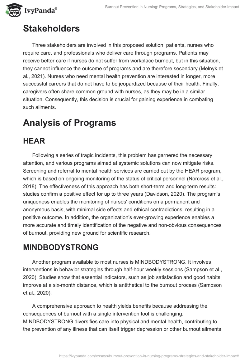Burnout Prevention in Nursing: Programs, Strategies, and Stakeholder Impact. Page 2