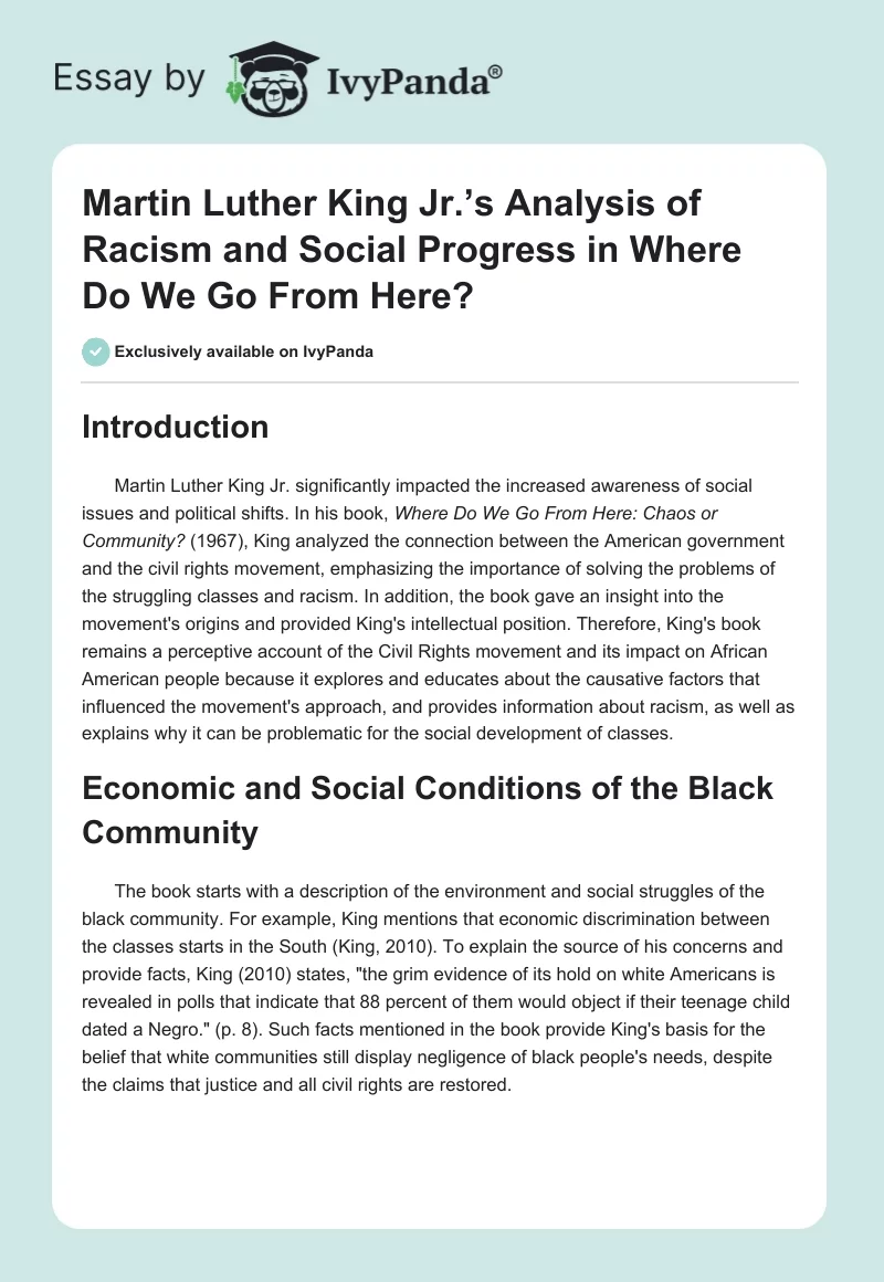 Martin Luther King Jr.’s Analysis of Racism and Social Progress in Where Do We Go From Here?. Page 1
