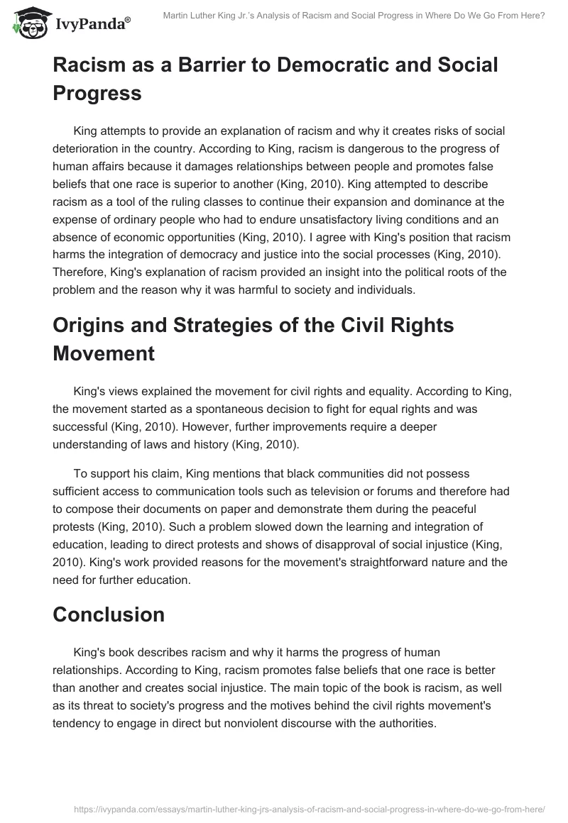 Martin Luther King Jr.’s Analysis of Racism and Social Progress in Where Do We Go From Here?. Page 2