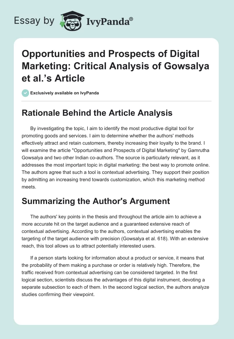 Opportunities and Prospects of Digital Marketing: Critical Analysis of Gowsalya et al.’s Article. Page 1