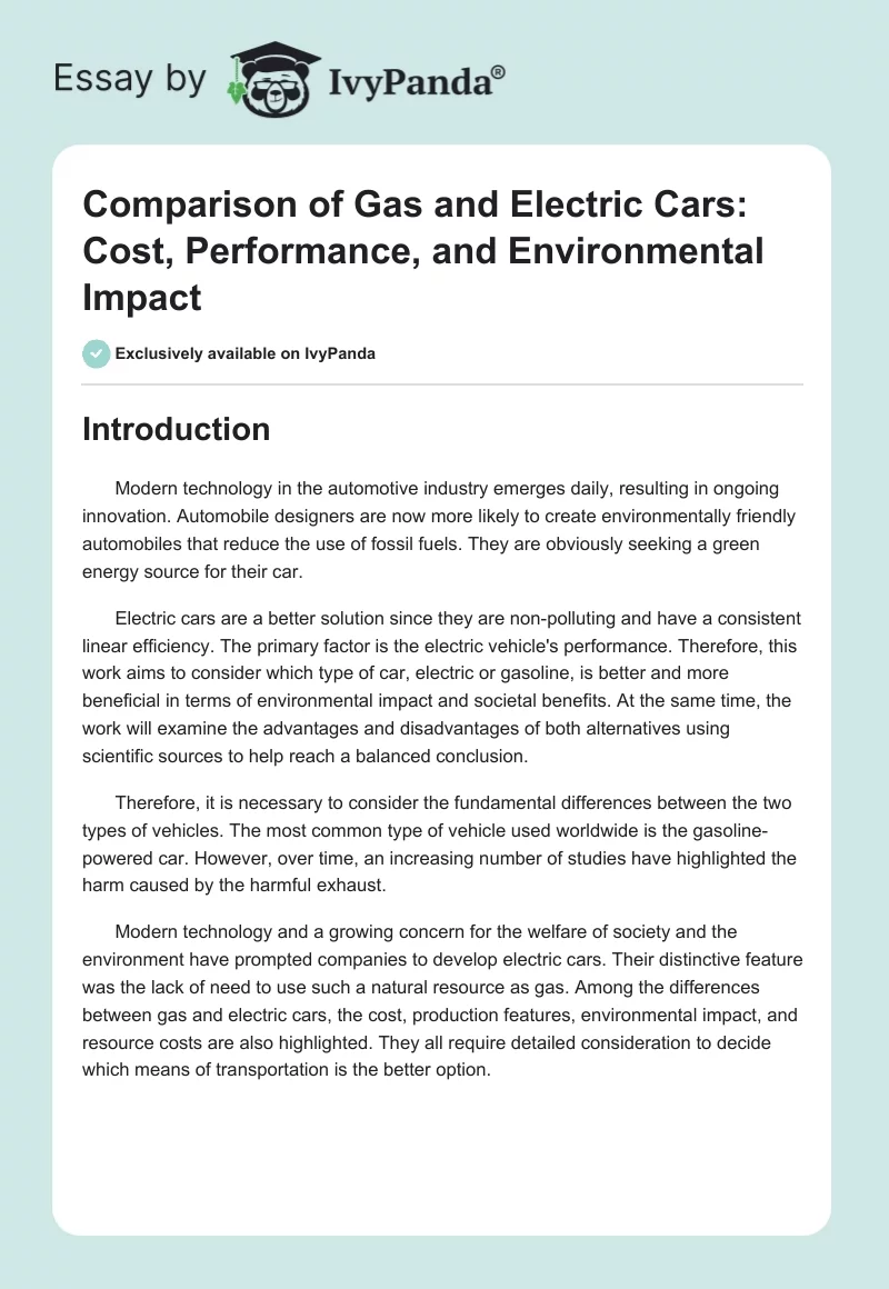Comparison of Gas and Electric Cars: Cost, Performance, and Environmental Impact. Page 1