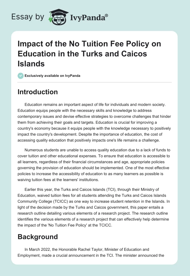 Impact of the No Tuition Fee Policy on Education in the Turks and Caicos Islands. Page 1