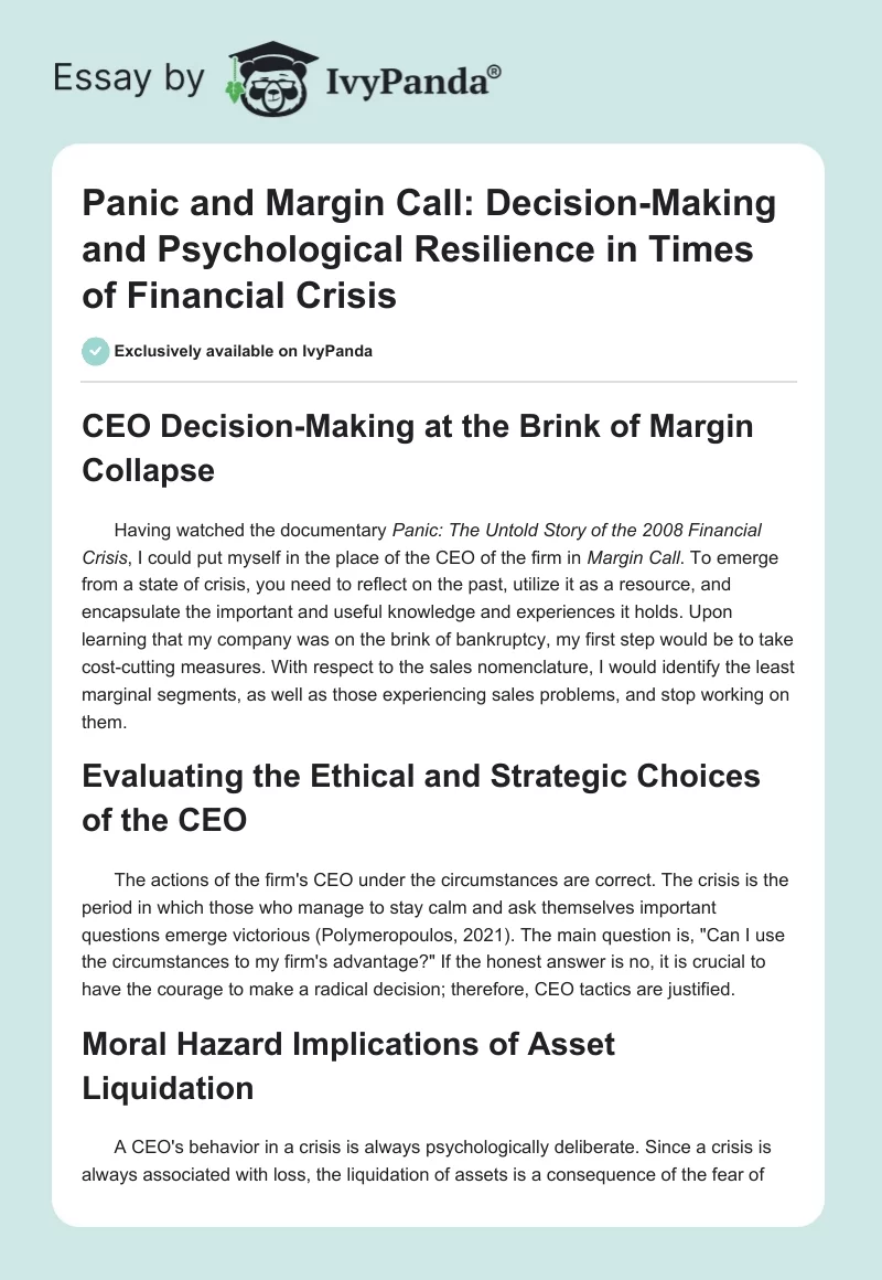 Panic and Margin Call: Decision-Making and Psychological Resilience in Times of Financial Crisis. Page 1