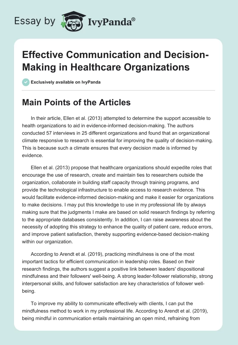 Effective Communication and Decision-Making in Healthcare Organizations. Page 1
