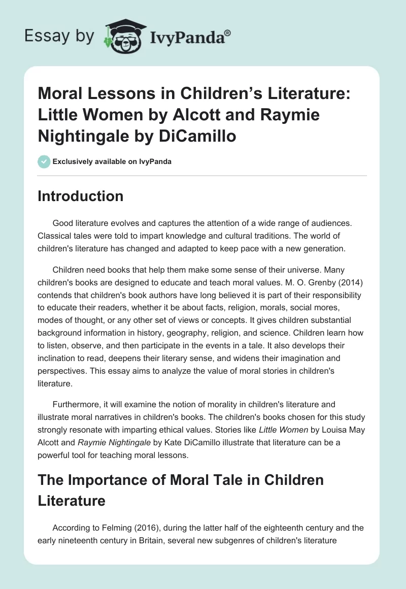 Moral Lessons in Children’s Literature: Little Women by Alcott and Raymie Nightingale by DiCamillo. Page 1
