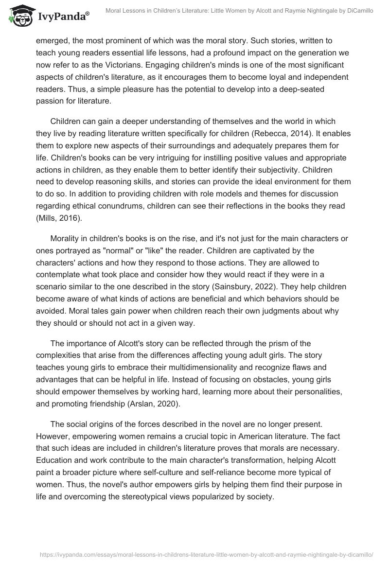 Moral Lessons in Children’s Literature: Little Women by Alcott and Raymie Nightingale by DiCamillo. Page 2