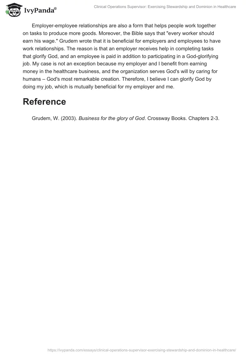 Clinical Operations Supervisor: Exercising Stewardship and Dominion in Healthcare. Page 2