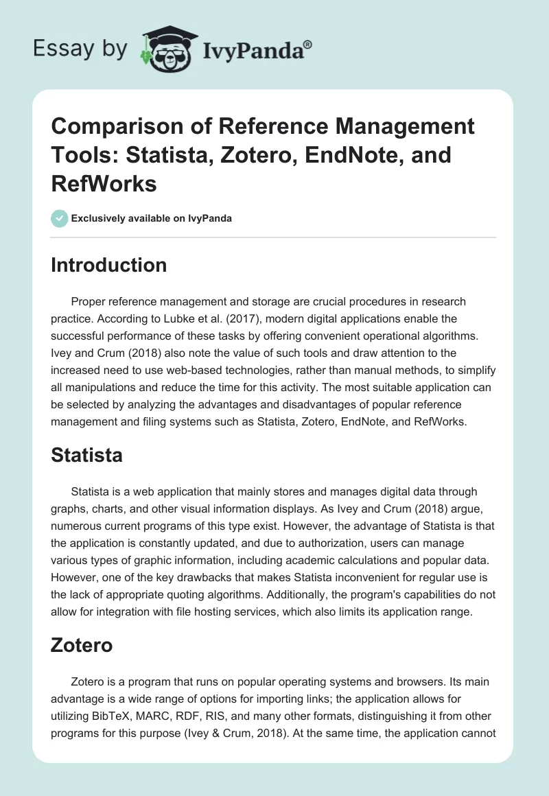 Comparison of Reference Management Tools: Statista, Zotero, EndNote, and RefWorks. Page 1