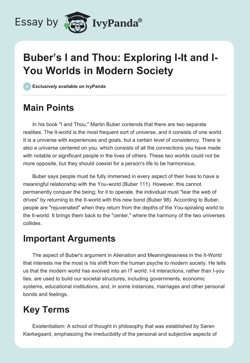 Buber’s I and Thou: Exploring I-It and I-You Worlds in Modern Society. Page 1