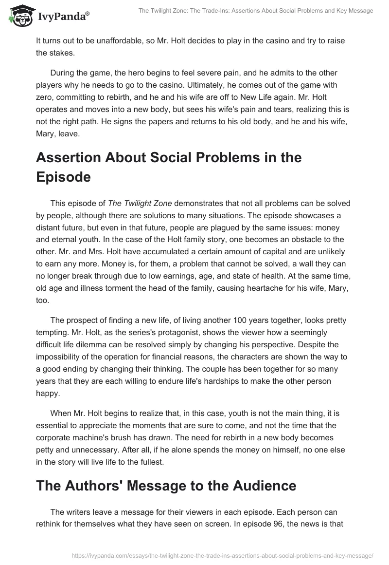 "The Twilight Zone: The Trade-Ins": Assertions About Social Problems and Key Message. Page 2