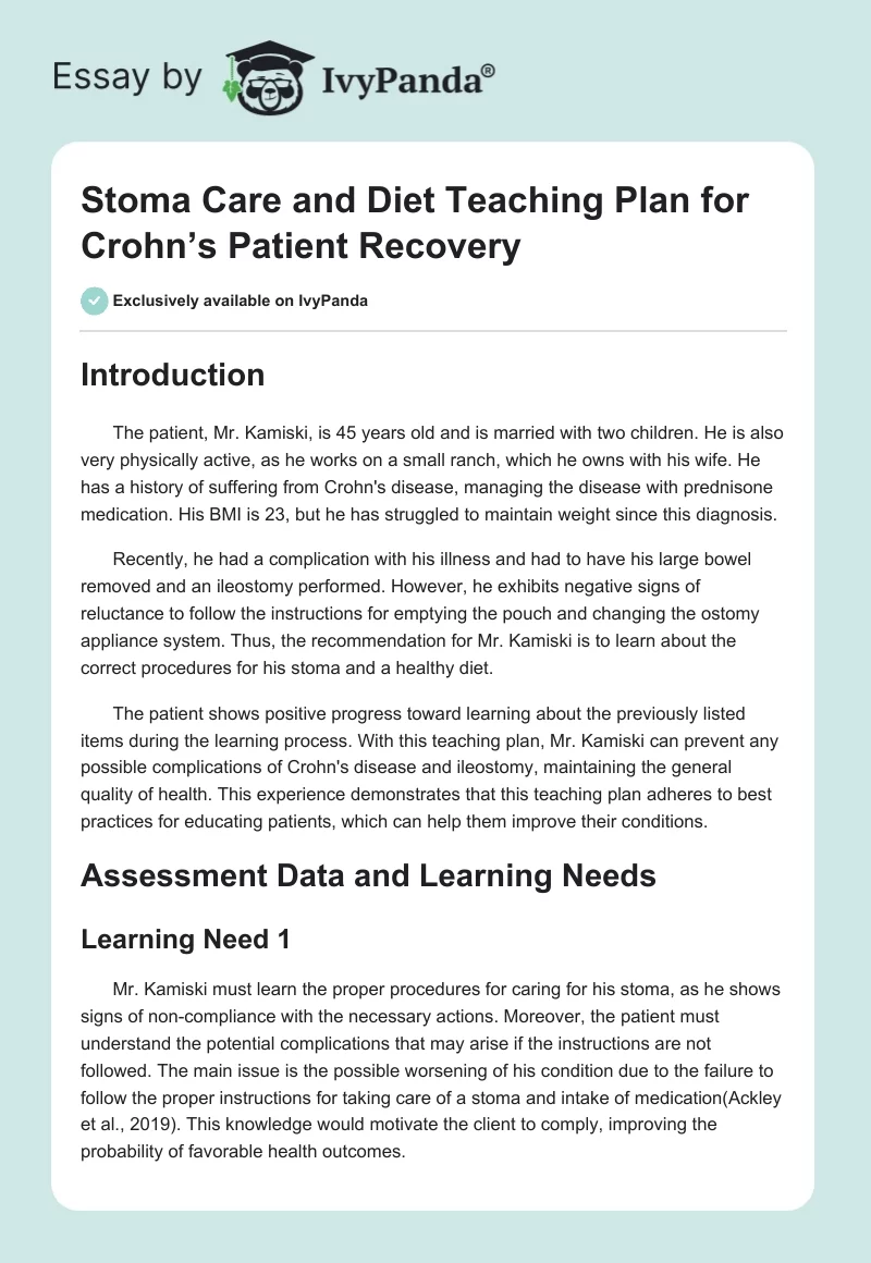 Stoma Care and Diet Teaching Plan for Crohn’s Patient Recovery. Page 1