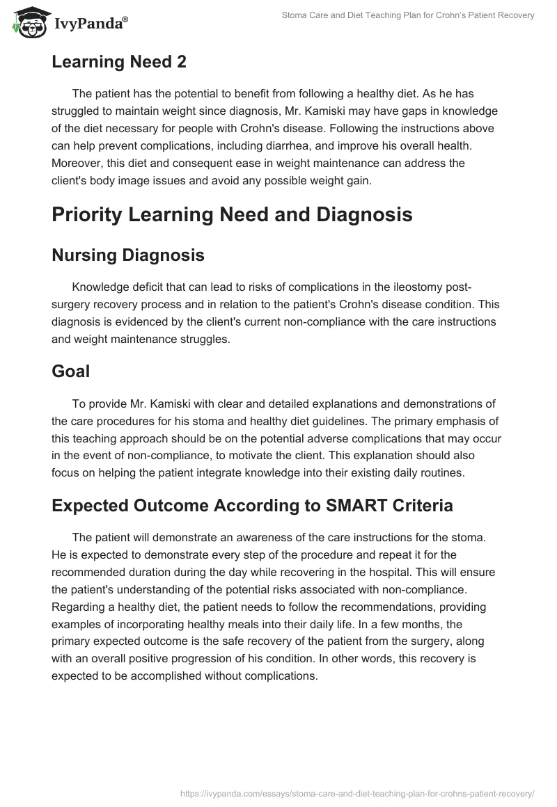 Stoma Care and Diet Teaching Plan for Crohn’s Patient Recovery. Page 2