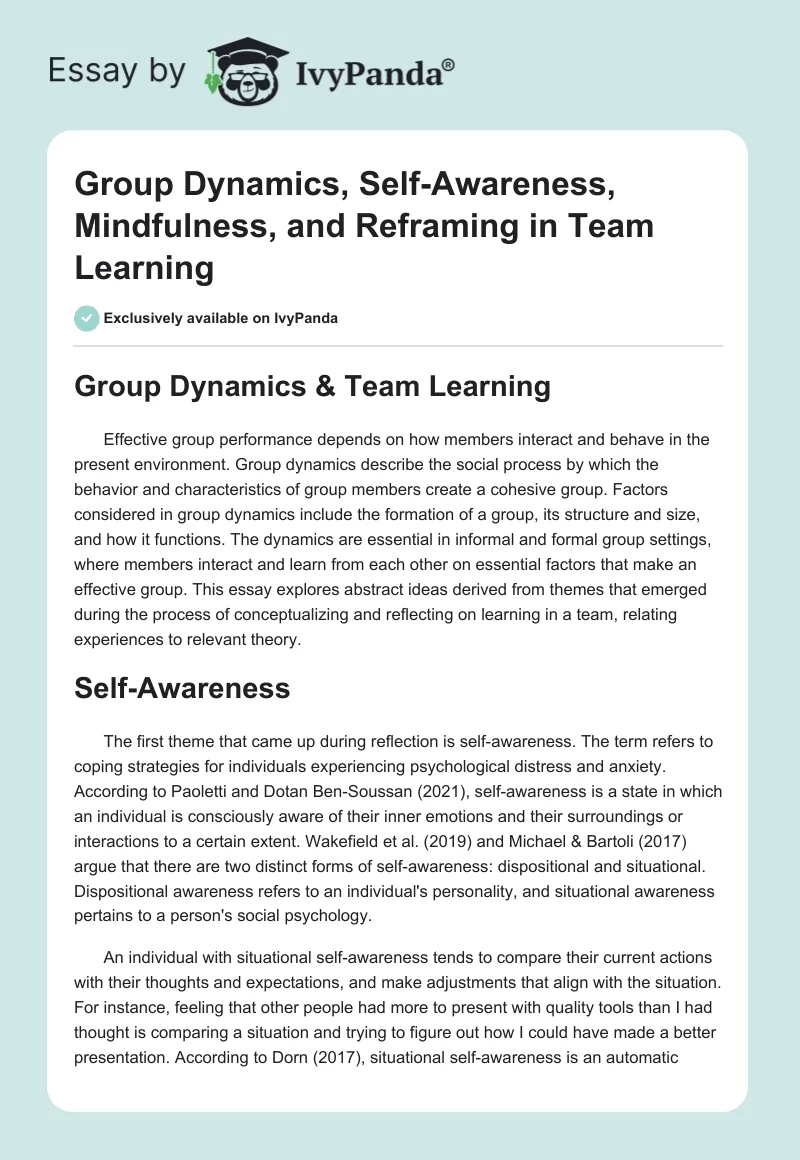 Group Dynamics, Self-Awareness, Mindfulness, and Reframing in Team Learning. Page 1
