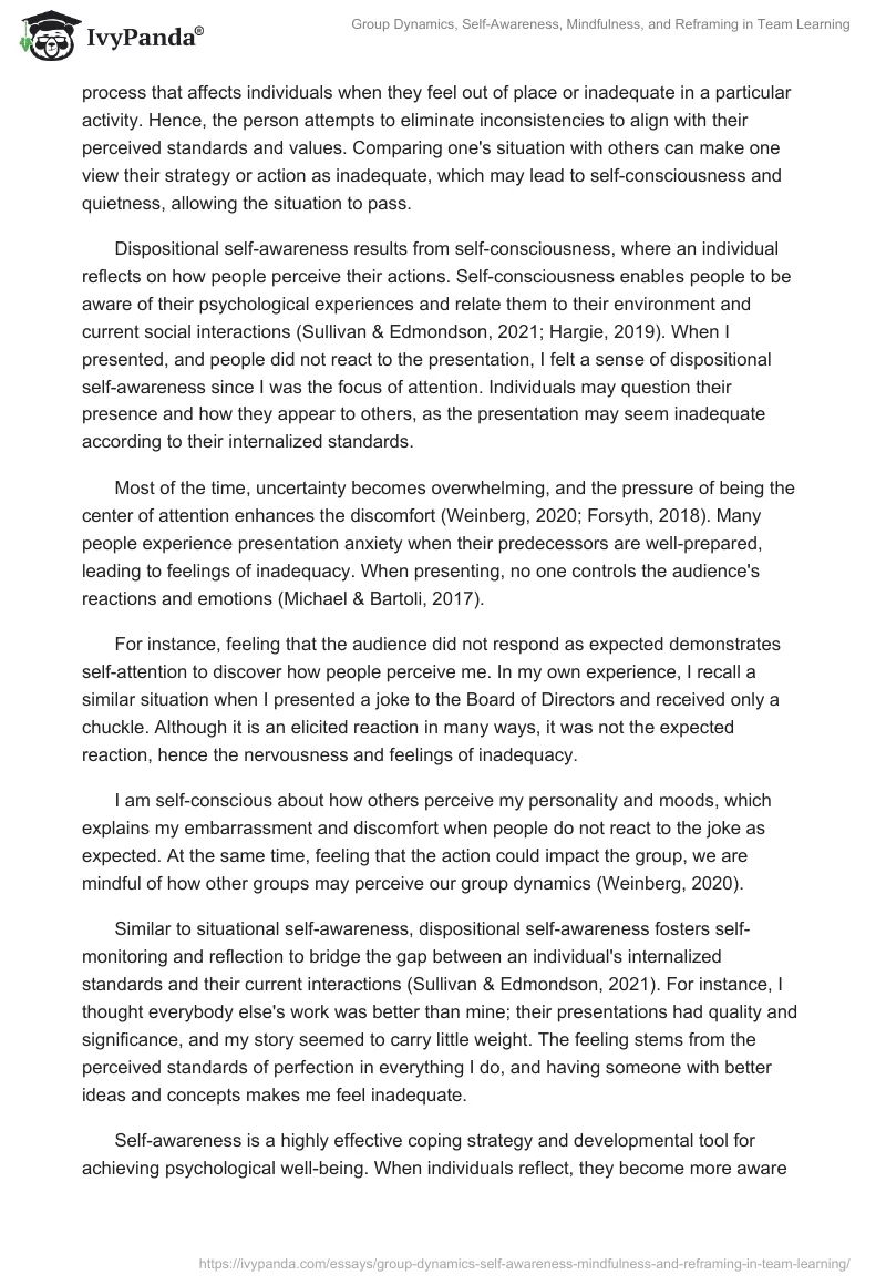 Group Dynamics, Self-Awareness, Mindfulness, and Reframing in Team Learning. Page 2