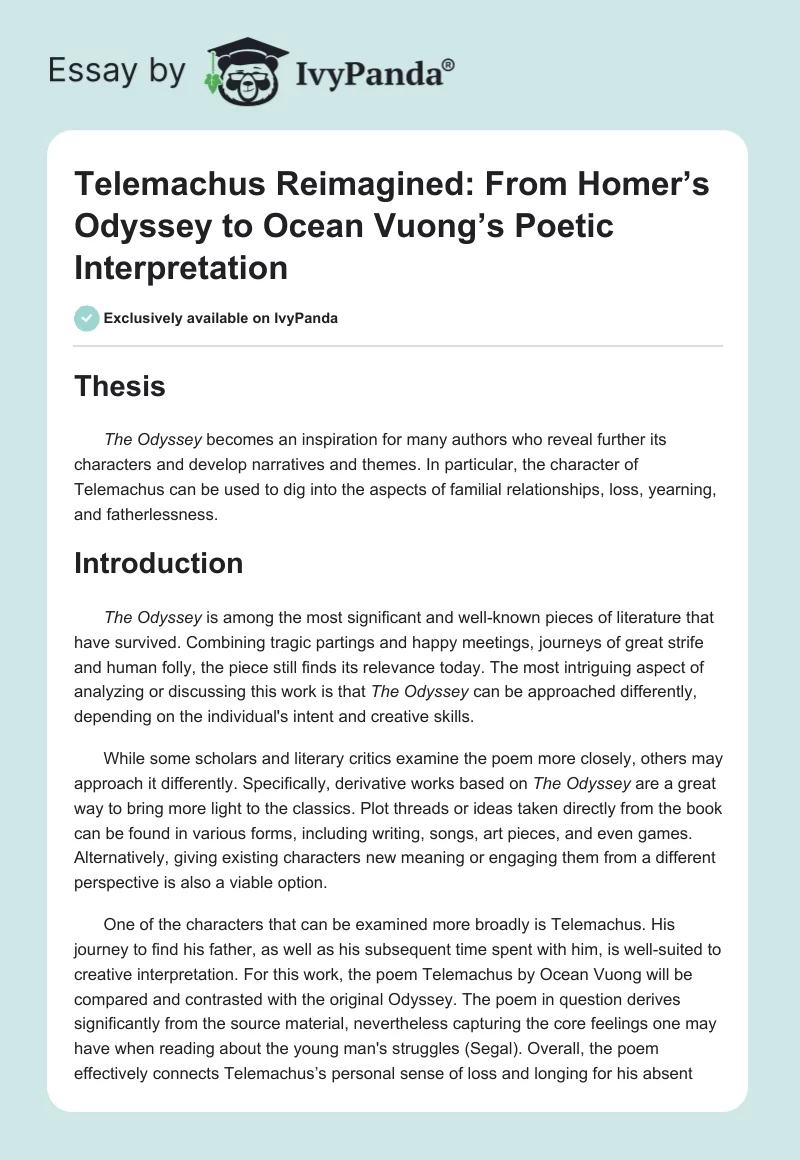 Telemachus Reimagined: From Homer’s Odyssey to Ocean Vuong’s Poetic Interpretation. Page 1