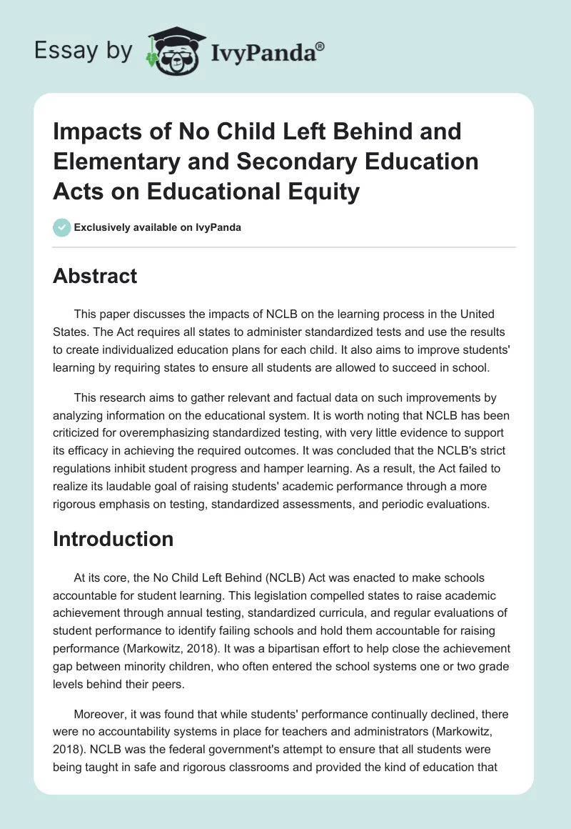 Impacts of No Child Left Behind and Elementary and Secondary Education Acts on Educational Equity. Page 1