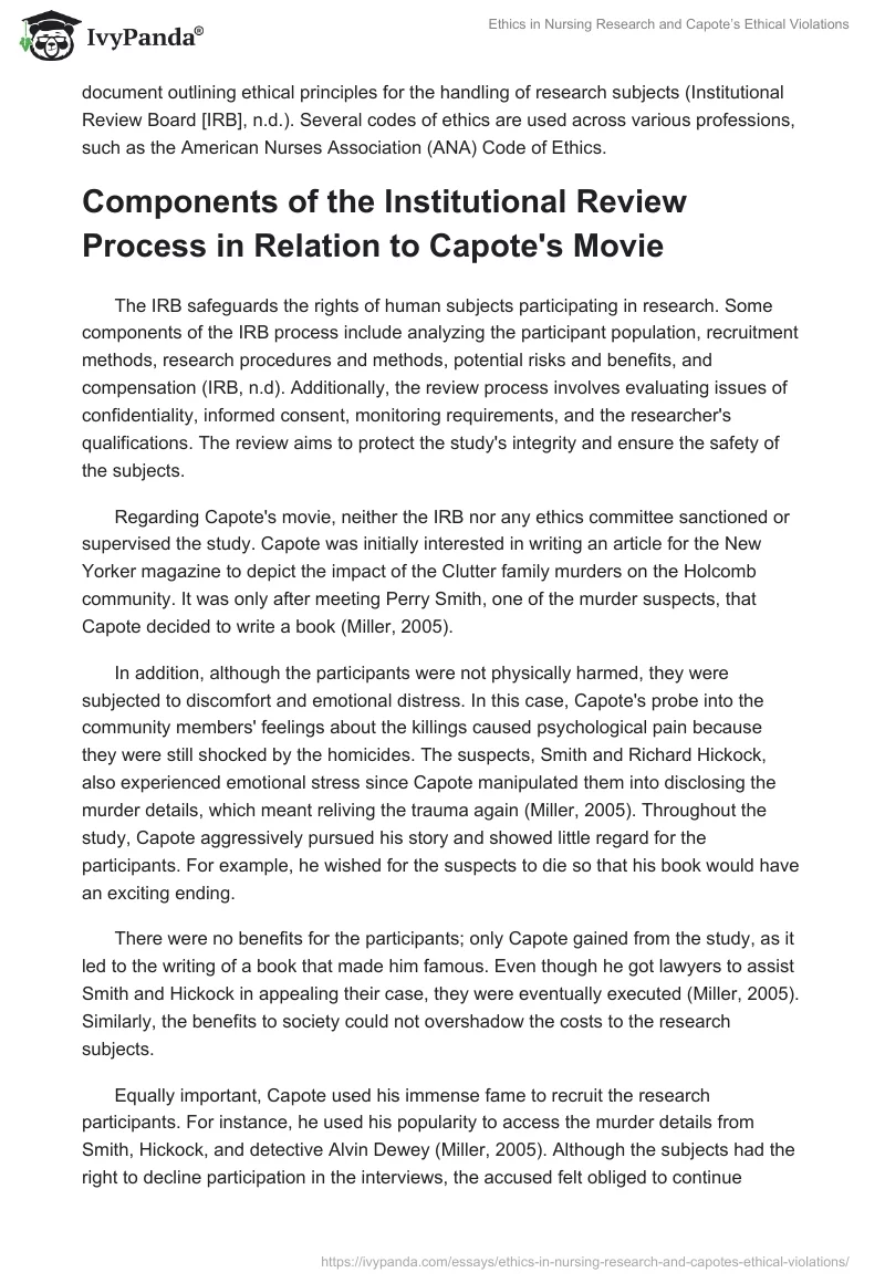 Ethics in Nursing Research and Capote’s Ethical Violations. Page 2