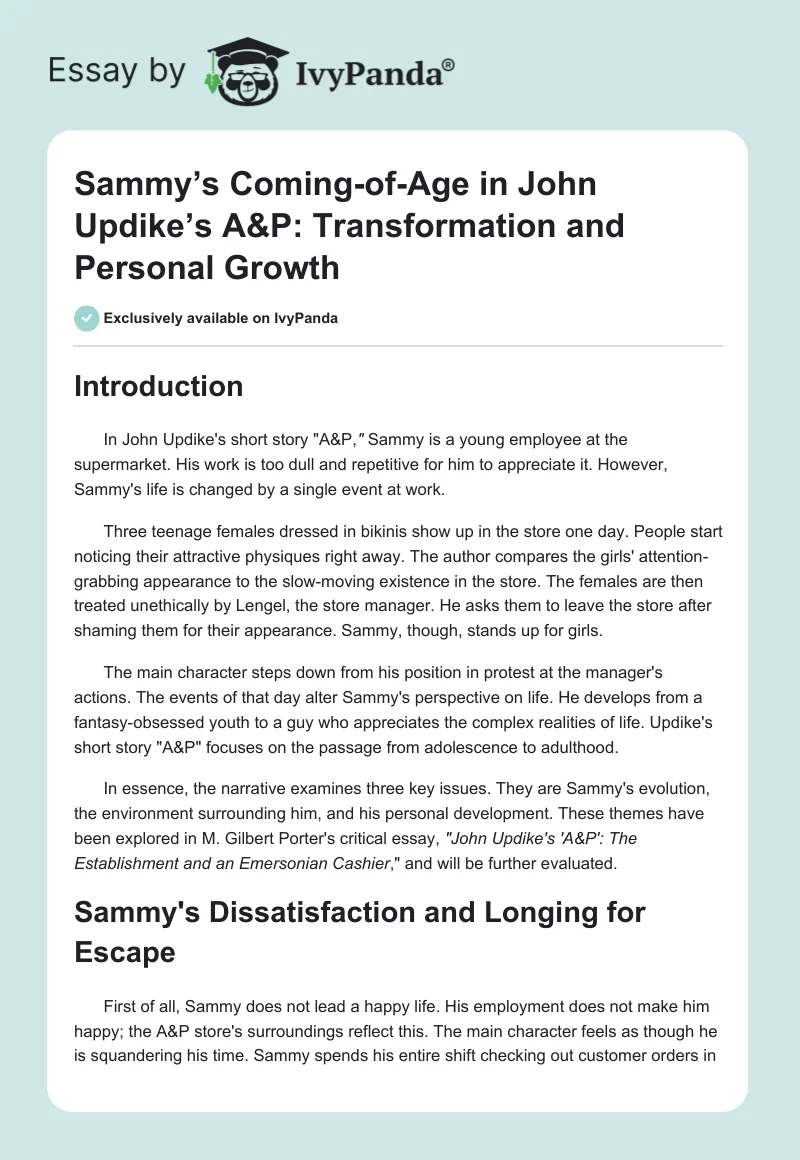 Sammy’s Coming-of-Age in John Updike’s A&P: Transformation and Personal Growth. Page 1