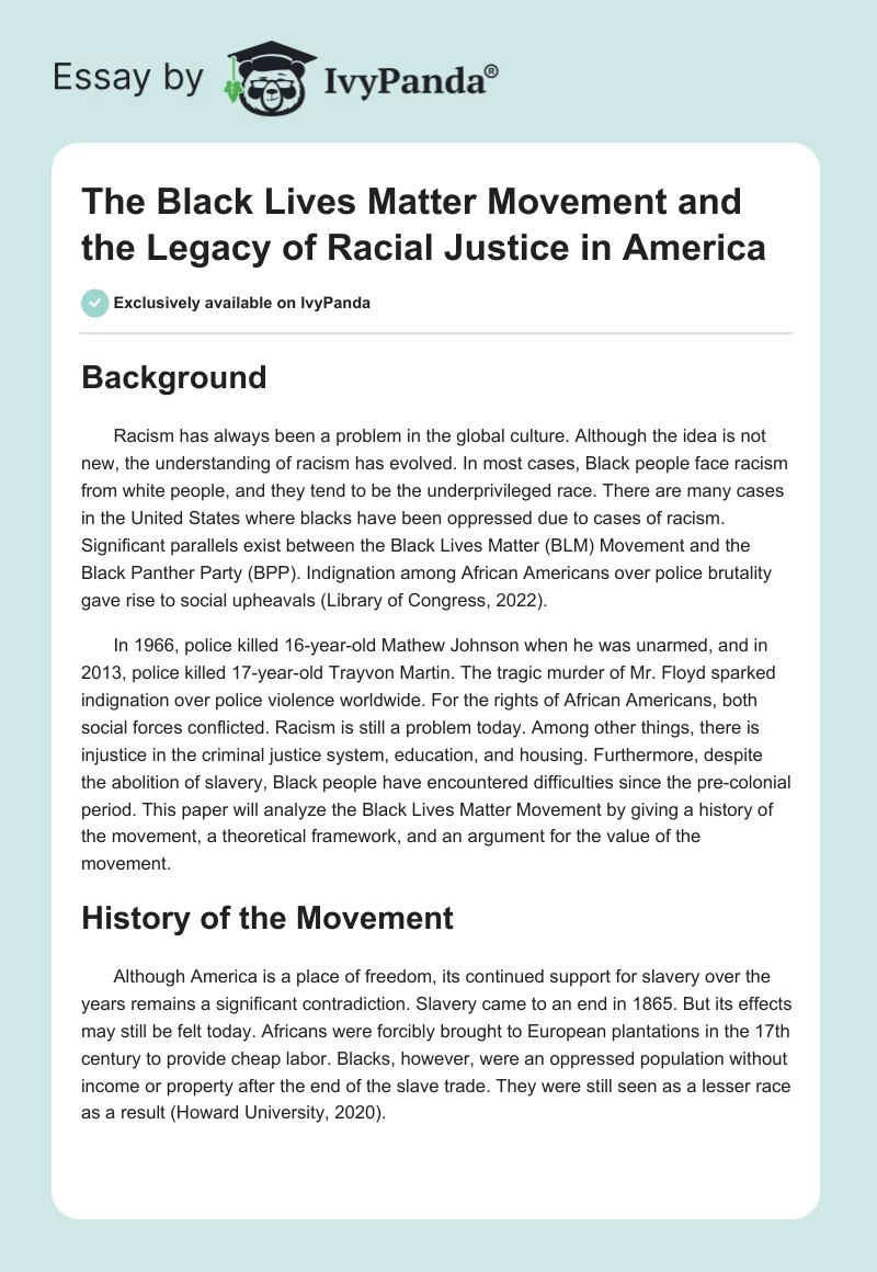 The Black Lives Matter Movement and the Legacy of Racial Justice in America. Page 1