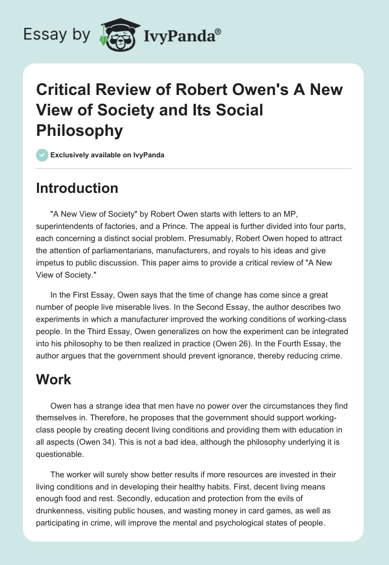 Critical Review of Robert Owen's "A New View of Society" and Its Social Philosophy. Page 1