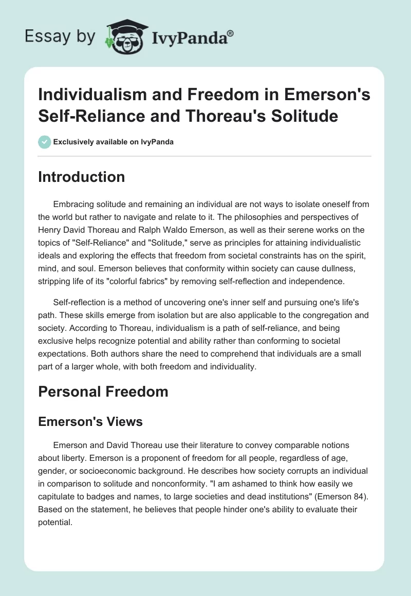 Individualism and Freedom in Emerson's "Self-Reliance" and Thoreau's "Solitude". Page 1