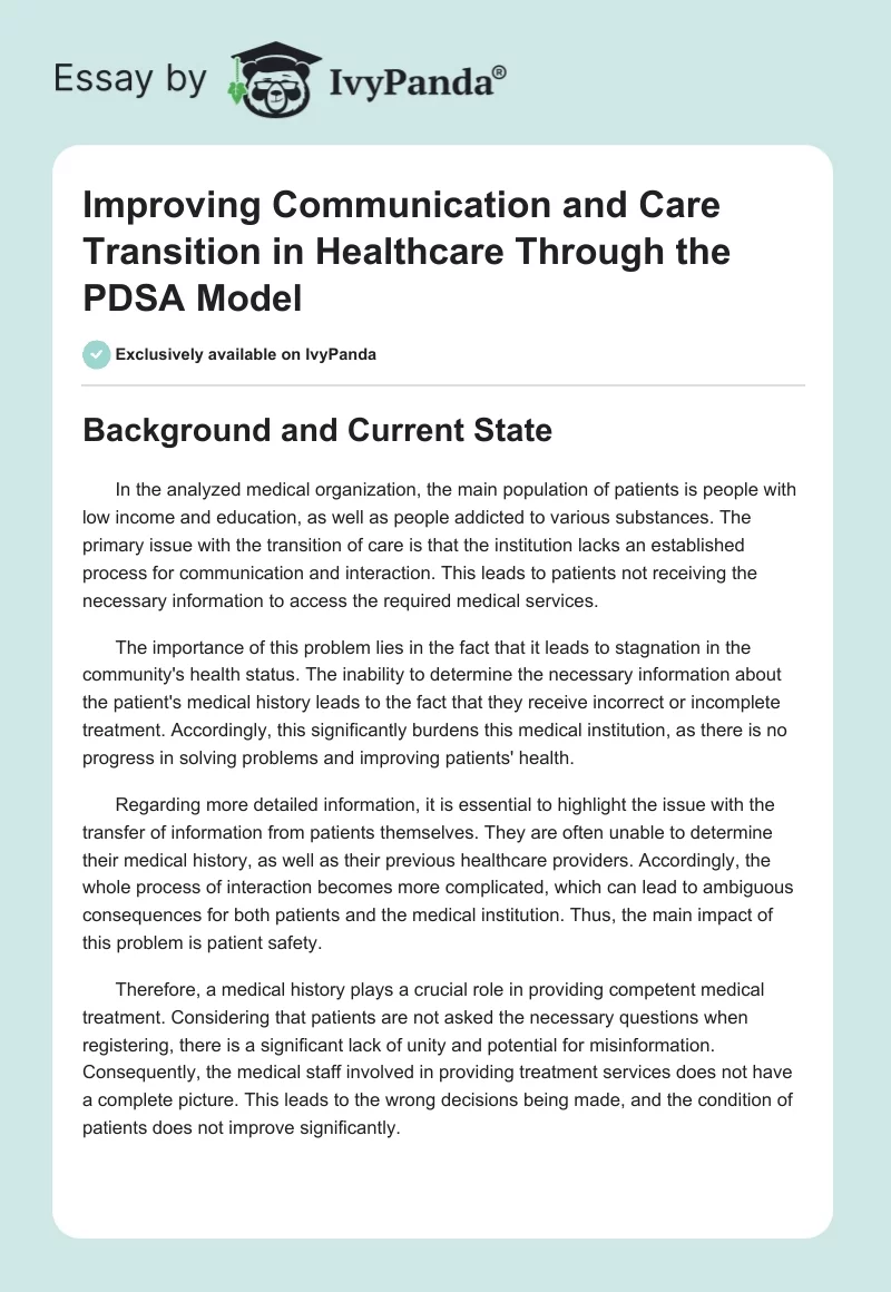 Improving Communication and Care Transition in Healthcare Through the PDSA Model. Page 1