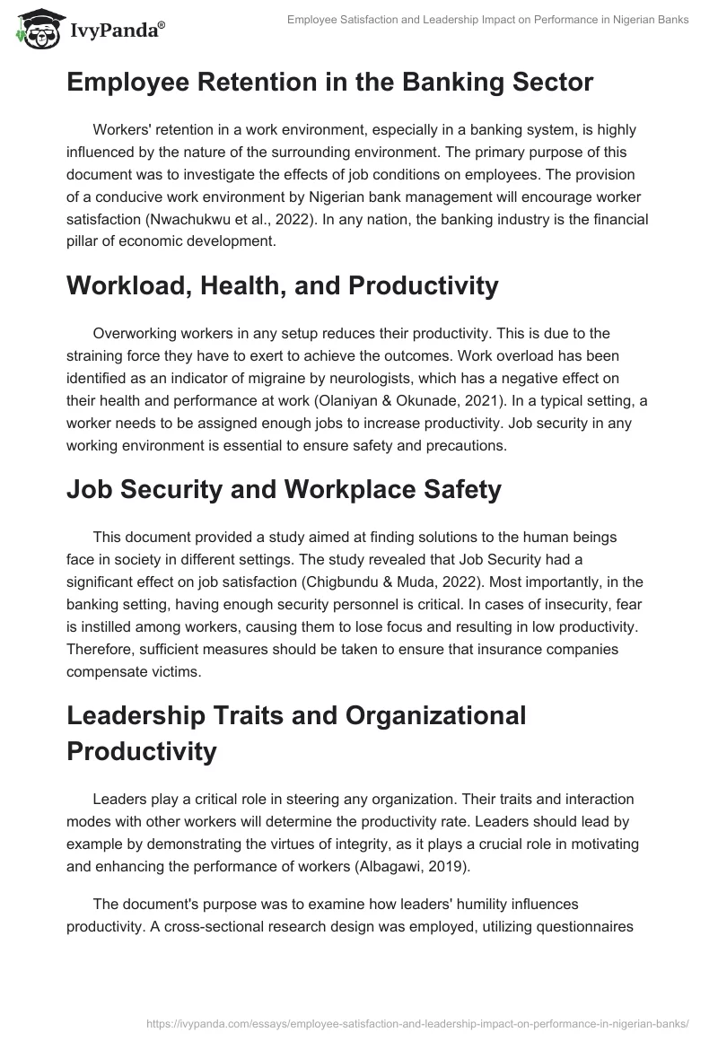 Employee Satisfaction and Leadership Impact on Performance in Nigerian Banks. Page 2