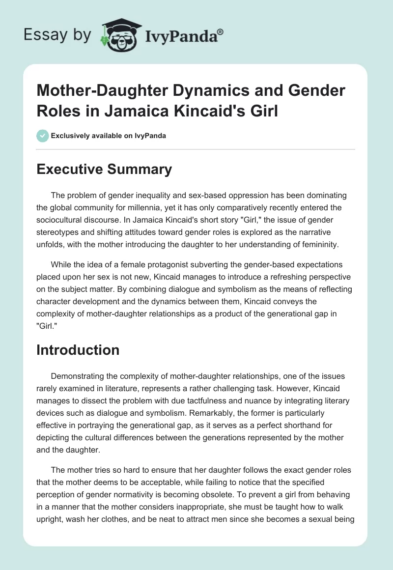 Mother-Daughter Dynamics and Gender Roles in Jamaica Kincaid's "Girl". Page 1
