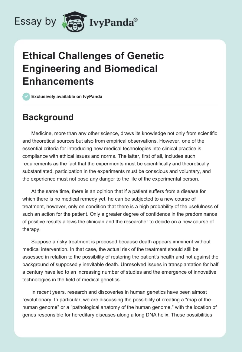 Ethical Challenges of Genetic Engineering and Biomedical Enhancements. Page 1