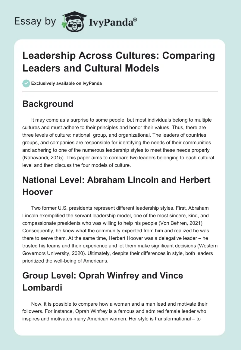 Leadership Across Cultures: Comparing Leaders and Cultural Models. Page 1
