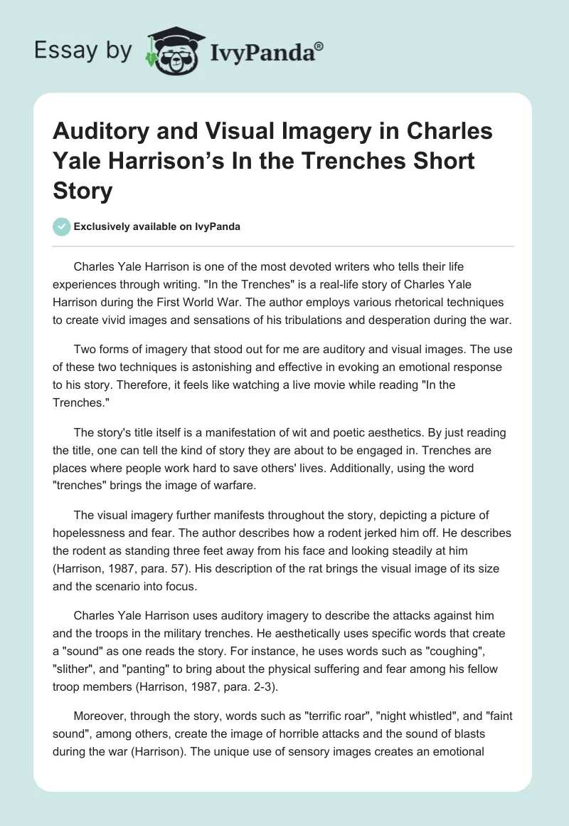 Auditory and Visual Imagery in Charles Yale Harrison’s "In the Trenches" Short Story. Page 1