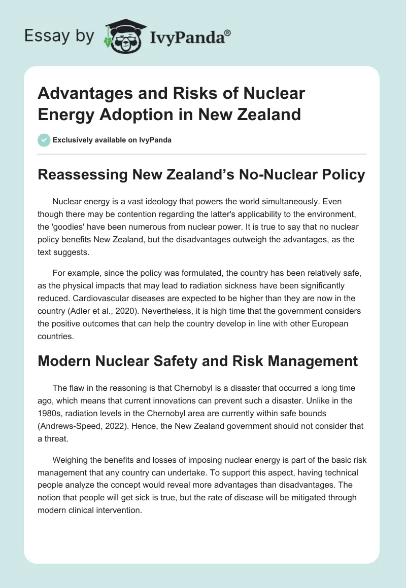 Advantages and Risks of Nuclear Energy Adoption in New Zealand. Page 1