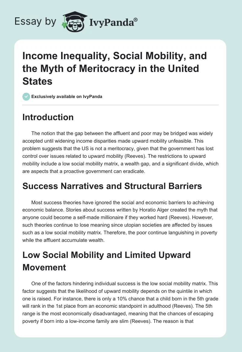 Income Inequality, Social Mobility, and the Myth of Meritocracy in the United States. Page 1