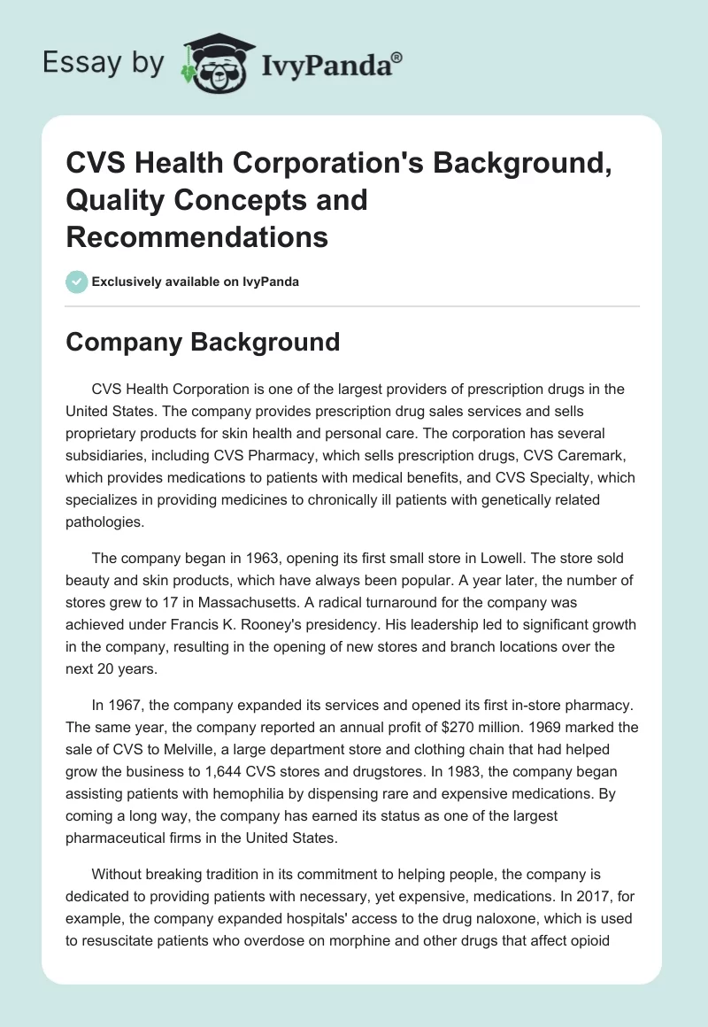 CVS Health Corporation's Background, Quality Concepts and Recommendations. Page 1