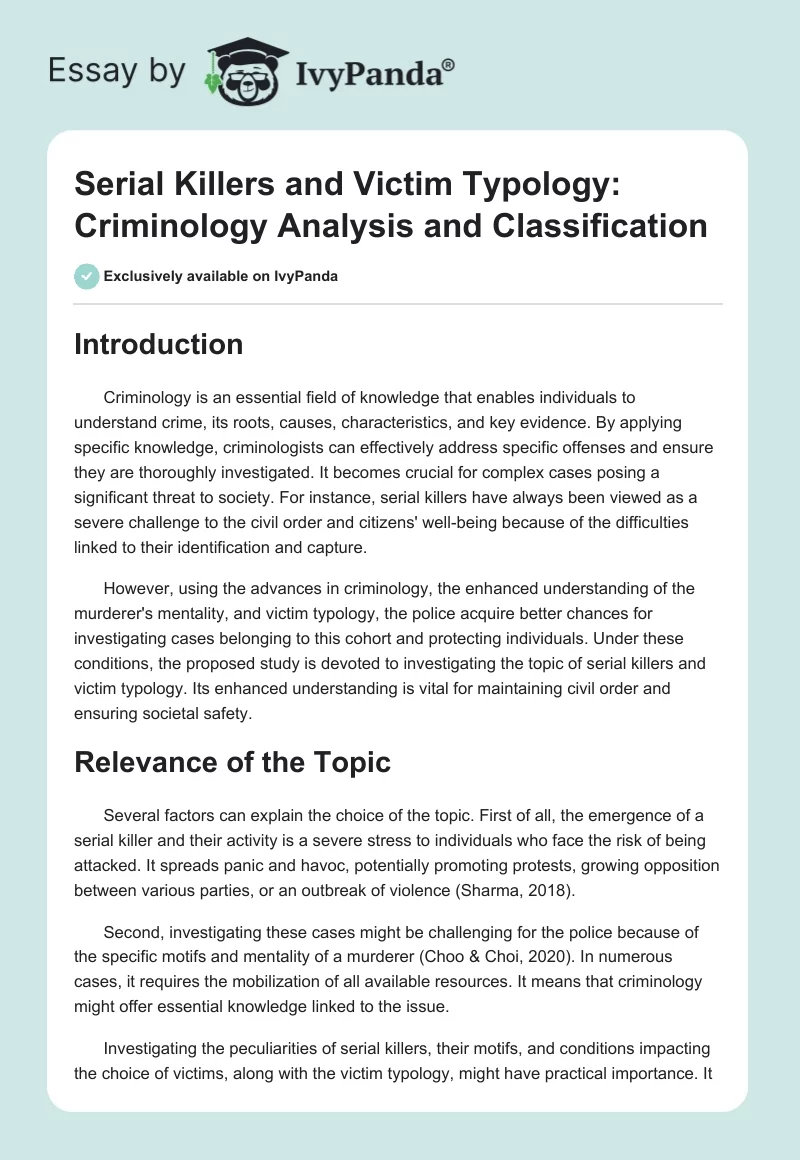 Serial Killers and Victim Typology: Criminology Analysis and Classification. Page 1