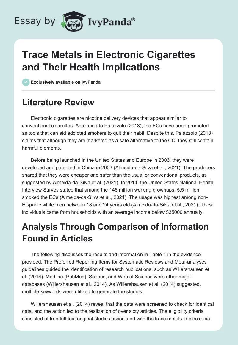 Trace Metals in Electronic Cigarettes and Their Health Implications. Page 1