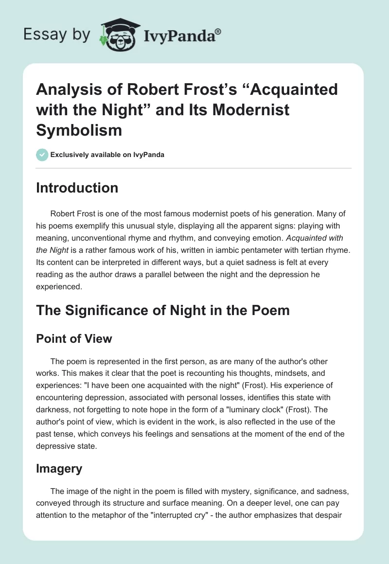 Analysis of Robert Frost’s “Acquainted with the Night” and Its Modernist Symbolism. Page 1