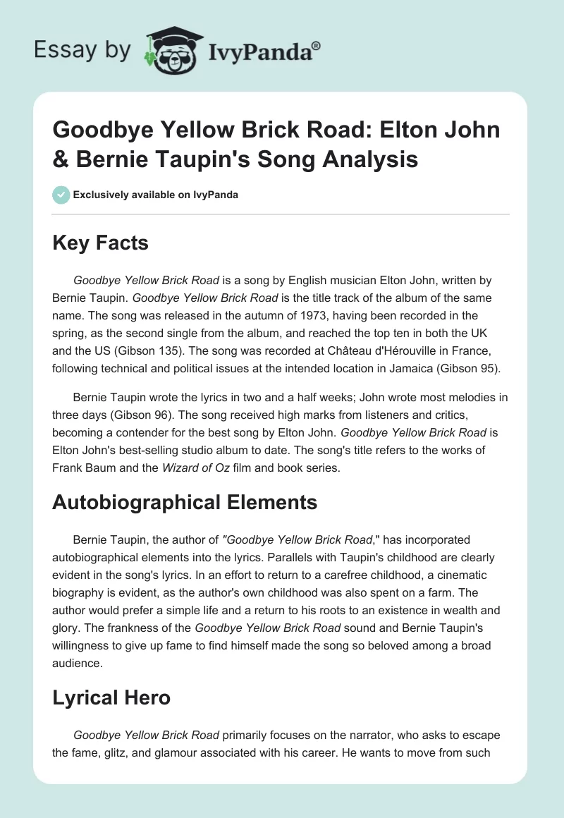 Goodbye Yellow Brick Road: Elton John & Bernie Taupin's Song Analysis. Page 1