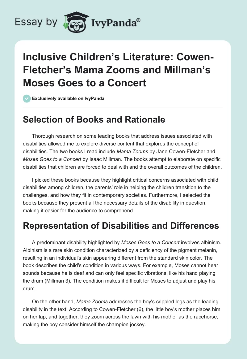 Inclusive Children’s Literature: Cowen-Fletcher’s Mama Zooms and Millman’s Moses Goes to a Concert. Page 1