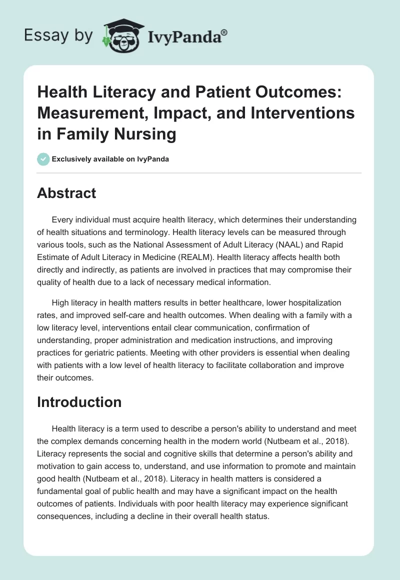 Health Literacy and Patient Outcomes: Measurement, Impact, and Interventions in Family Nursing. Page 1