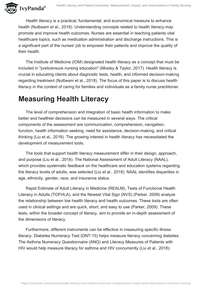 Health Literacy and Patient Outcomes: Measurement, Impact, and Interventions in Family Nursing. Page 2