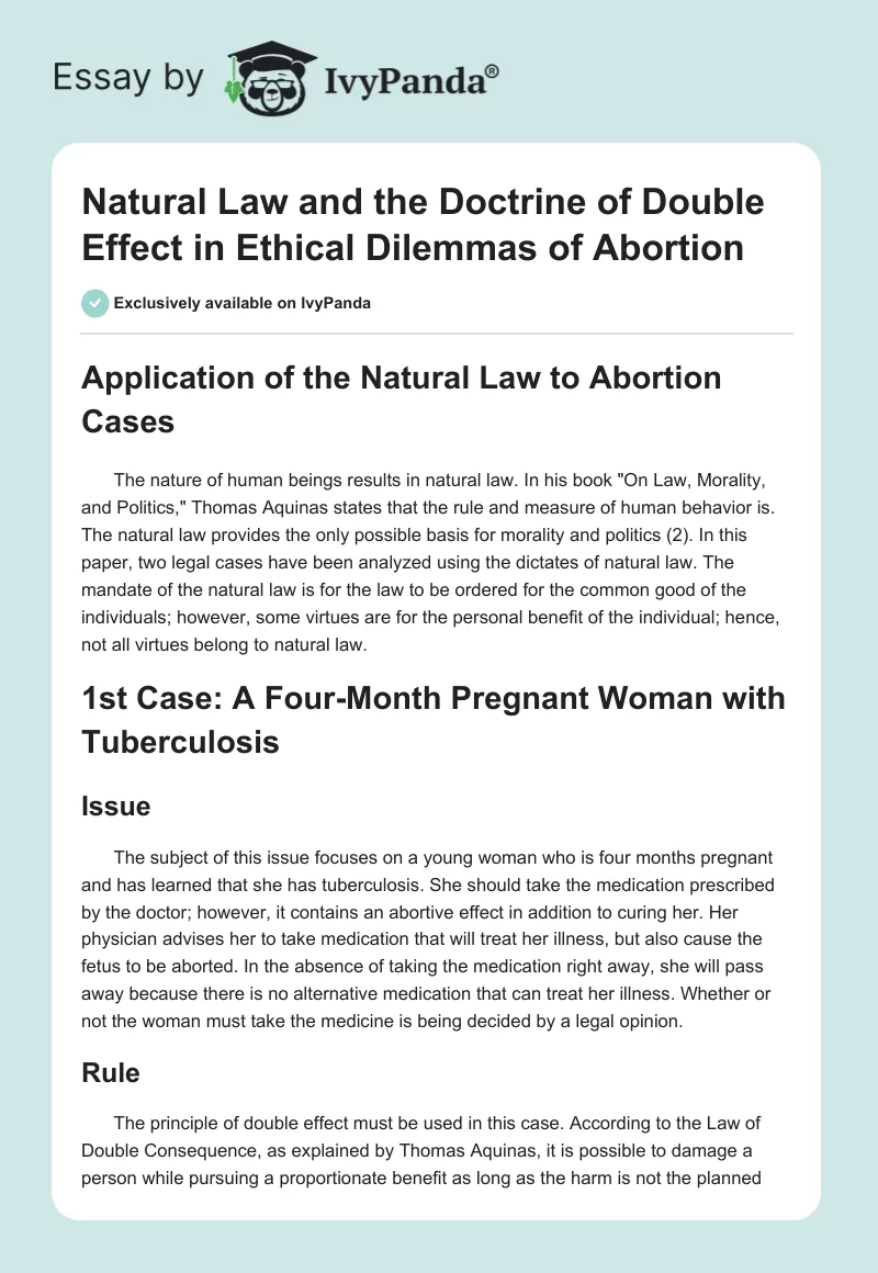 Natural Law and the Doctrine of Double Effect in Ethical Dilemmas of Abortion. Page 1
