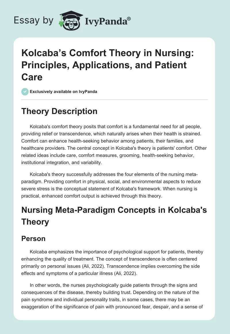 Kolcaba’s Comfort Theory in Nursing: Principles, Applications, and Patient Care. Page 1