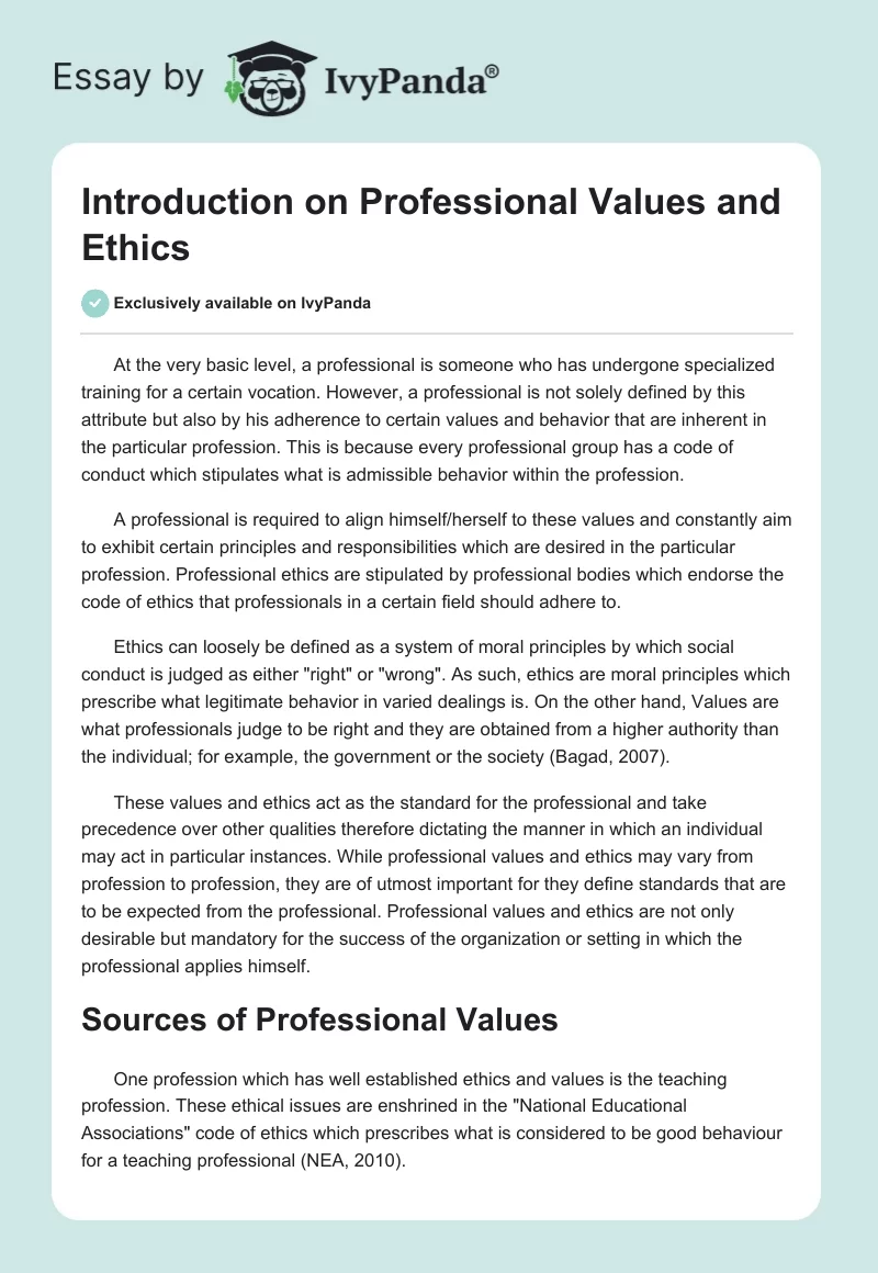 Introduction on Professional Values and Ethics. Page 1