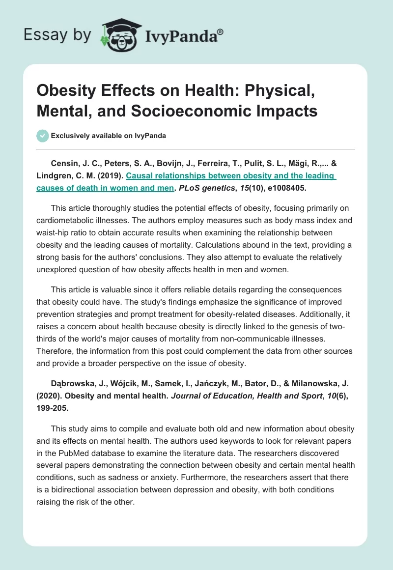 Obesity Effects on Health: Physical, Mental, and Socioeconomic Impacts. Page 1