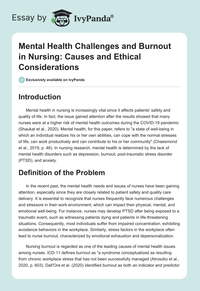 Mental Health Challenges and Burnout in Nursing: Causes and Ethical Considerations. Page 1