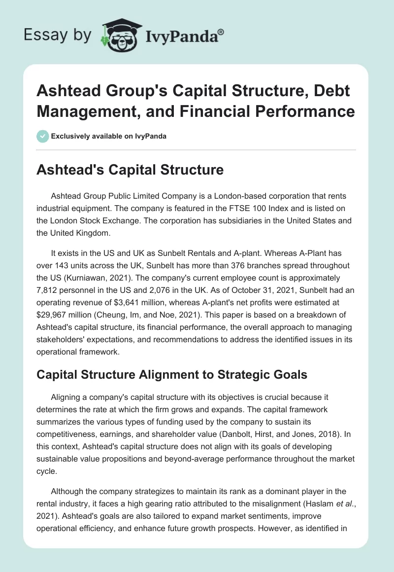 Ashtead Group's Capital Structure, Debt Management, and Financial Performance. Page 1